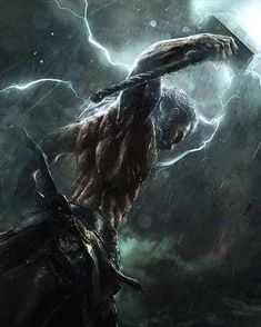 a man holding an ax in the middle of a storm with lightning coming from behind him