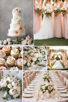 a collage of photos with pink and white flowers, cupcakes, wedding cake