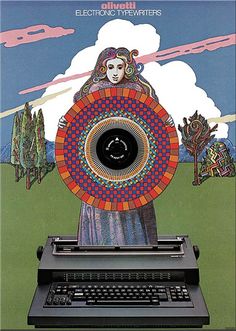 an old typewriter sitting in front of a poster with a woman's face on it