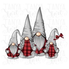 three gnomes sitting next to each other in front of a white background with the words santa