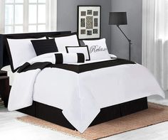 black and white bedding in a bedroom