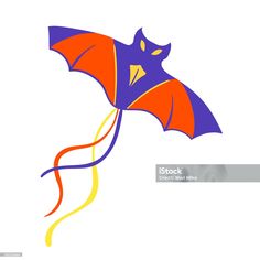 a colorful kite flying in the sky with an orange tail and purple eyes on it