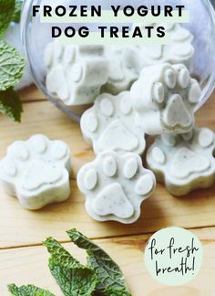 frozen yogurt dog treats on a wooden table with mints and leaves around them