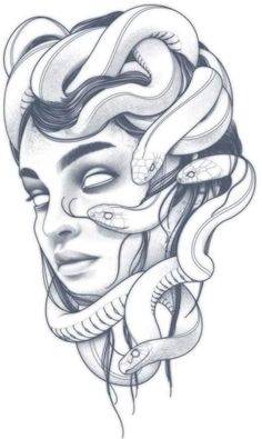 a drawing of a woman with snakes on her head and the snake wrapped around her neck