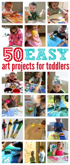 the cover of 50 easy art projects for toddlers with pictures of children playing and making