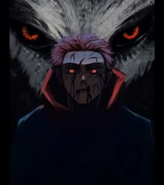 an anime character with red eyes and a wolf's head in the background,