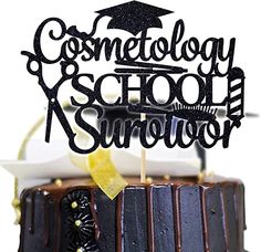 a cake with a graduation cap on top that says cosmetology school survey