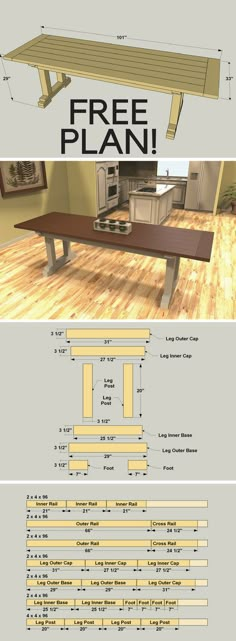 the plans for an outdoor dining table and bench are shown in three different sizes, including one