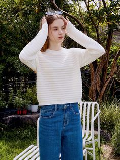 Editor's NotesPair these simple top with wide fit jeans, dainty earrings and some sneakers for a stylish look. - Rounded neck with long sleeve design- Textured woven knit- Standard fit and sits above hip lengthMeasurements(in.)S / M- Chest: 18.50 in. / 19.29 in.- Neck width: 7.48 in. / 7.87 in. - Hem: 16.14 in. / 16.83 in.- Sleeve length:  22.83 in. /  23.23 in.- Sleeve width: 6.69 in. /  7.09 in. - Sleeve hem: 3.94 in. /  4.33 in.- Shoulder: 14.96 in. / 15.35 White Knit Top For Spring, White Knit Top For Everyday Spring Wear, White Knit Top For Spring Everyday Wear, Wide Fit Jeans, Simple Top, Dainty Earrings, Texture Design, Sleeve Designs, Fit Jeans