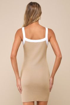 It's easy to achieve a stylish reputation when you have the Lulus Effortless Influence Tan Ribbed Color Block Mini Sweater Dress! Stretchy ribbed knit shapes this cute little dress with wide straps, a scoop neckline, and a fitted bodice. The figure-hugging silhouette continues into a bodycon skirt that ends at a flirty mini hem. White trim accents the neckline and lends a chic color block effect. Fit: This garment fits true to size. Length: Mid-thigh. Size medium measures 32.75" from shoulder to Ribbed Knit Mini Dress, Ribbed Knit Bodycon Mini Dress, Fitted Ribbed Knit Mini Dress, Beige Knit Bodycon Mini Dress, Ribbed Knit Mini Bodycon Dress, Beige Ribbed Bodycon Mini Dress, Beige Ribbed Mini Sweater Dress, Summer Ribbed Knit Bodycon Dress, Fitted Ribbed Sleeveless Sweater Dress