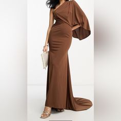 Super Cute Brown Maxi Dress From Asos. Works Perfectly For Formal Events Like Weddings, Proms, Dinners, Etc. Brown Off-shoulder Evening Dress, Brown One-shoulder Maxi Dress For Party, Elegant One Shoulder Brown Maxi Dress, Chic Brown One Shoulder Maxi Dress, Brown Dresses Formal, Brown Maxi Dress, Brown Maxi Dresses, Dresses Brown, Brown Dresses