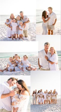 the family is posing for pictures on the beach