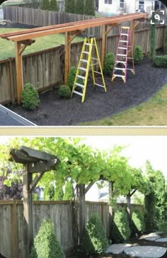 before and after pictures of a backyard garden with wooden arbors, stone stepping steps and trellis