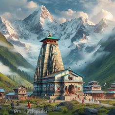 an artistic painting of a temple in the mountains with people walking around and looking at it