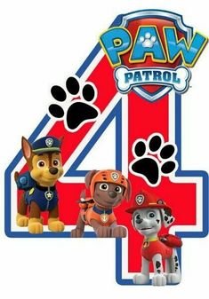 the paw patrol 4 birthday cake topper is shown with paw and friends on it