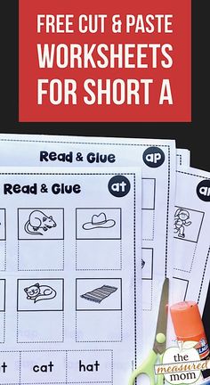 three worksheets for short a with scissors and glue