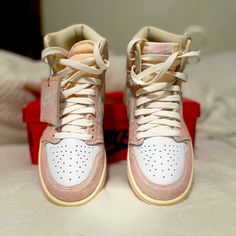 Air Jordan 1 Retro High Og Style: Fd2596-600 Colors: Atmosphere/Muslin/Sail/White *Never Worn *New W/Box Custom Cream High-top Sneakers With Laces, Cream High-top Custom Sneakers With Laces, Custom Cream Lace-up Sneakers With Boost Midsole, Cream Mid-top Custom Sneakers With Boost Midsole, Brown Jordan 1, Jordan Retro 1 Low, Air Jordan Retro 8, Jordan 4 White, Jordan Retro 12