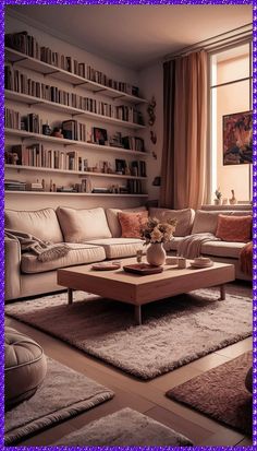 a living room filled with lots of furniture and bookshelves on the wall next to a window