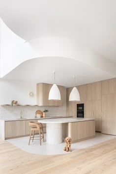 a large kitchen with wooden cabinets and white counter tops, along with a teddy bear on the floor