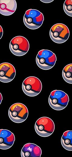 several different types of pokeballs on a black background with red, yellow and blue colors