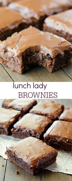 chocolate brownies with peanut butter frosting on top and the words, lunch lady brownies