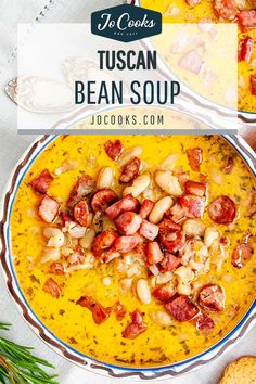 two bowls of tuscan bean soup with bread on the side