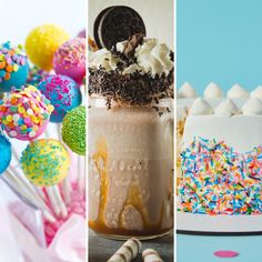 three different cakes and desserts with sprinkles on them are shown in this collage