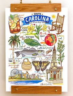 a poster hanging on a wall with the words south carolina written in different languages and pictures