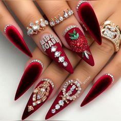 #red #strawberry #diamond #charms #nails #nailart Charms Nails, Nails Latina, Bad And Boujee Nails, Boujee Nails, Mexican Nails, Latina Nails