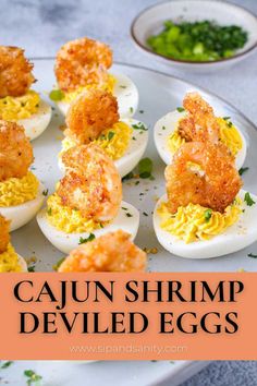 Deviled eggs with Cajun shrimp on a platter garnished with herbs. Cajun Deviled Eggs, Spicy Cajun Shrimp, Shrimp Deviled Eggs, Deviled Eggs Recipe Classic, Chicken Appetizers, Appetizer Platters, Cajun Cooking, Appetizers Easy Finger Food, Deviled Eggs Recipe