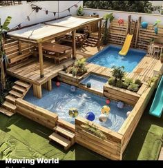 an above ground swimming pool with slide and wooden decking, surrounded by greenery