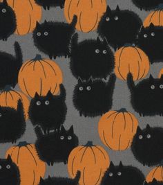 black cats and pumpkins on grey background