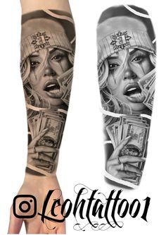 a woman's arm with tattoos and money on it