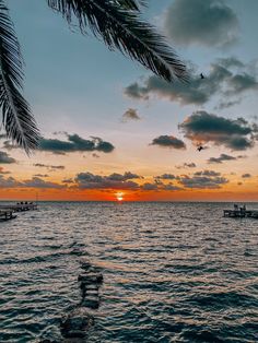 the sun is setting over the ocean with boats in the water and palm trees on the shore