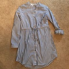 New No Tag Casual Striped Long Sleeve Shirt Dress, Casual Striped V-neck Shirt Dress, Casual Striped Shirt Dress With V-neck, Casual Tunic Shirt Dress For Spring, Casual Striped Shirt Dress For Day Out, Spring Striped Collared Dress, Striped Tunic Dress For Spring, Casual Striped Button-up Dresses, Casual Long Sleeve Shirt Dress For Spring