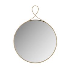 a round mirror with rope hanging from the side on a white background, it is empty