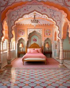 a bed sitting in the middle of a bedroom next to a pink rug on top of a floor