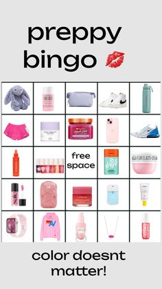 a poster with the words prepy bingo on it and various items in front