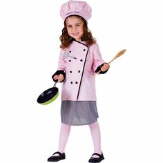 KITCHEN QUEEN - This costume set will make you master chef! The chef jacket, skirt, and hat will have everyone appointing you as the head since you look the part. We carry the chef costume in colors black and pink so that the whole family can match. (Please note: slotted spoon and pan are not included.) EXECUTIVE CHEF - The chef jacket is a double-breasted French cut jacket. The front closes with a nylon fastener. The jacket has black trimming and a crew collar. The striped skirt features an ela Career Costumes, Chef Costume, Black Striped Skirt, Toddler Costumes Girl, Chef Clothes, Chef Coat, Chef Hat, Up Costumes, Toddler Costumes