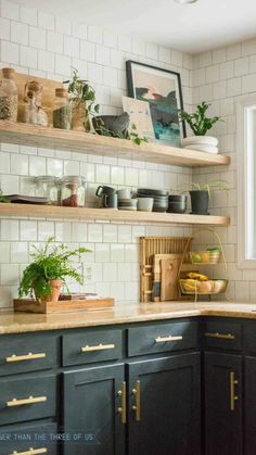 a kitchen with black cabinets and shelves filled with pots, pans, and plants