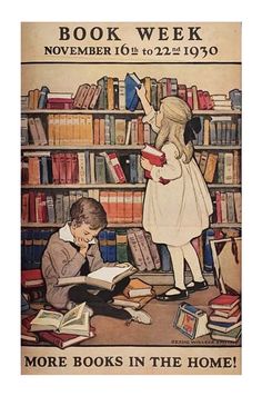 an advertisement for children's book week with two children reading in front of bookshelves