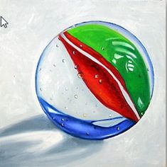 an acrylic painting of a red, white and green ball with water droplets