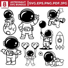 an astronaut svg bundle with spaceman and other cartoon characters in black and white