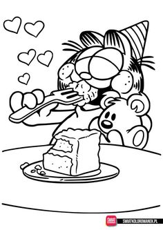 a cartoon cat eating cake on top of a plate with a teddy bear sitting next to it