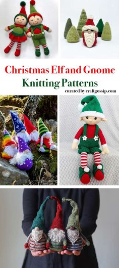 christmas elf and gnome knitting patterns are featured in this collage with text overlay that reads, christmas elf and gnome knitting patterns