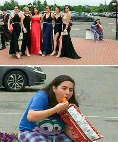 two pictures with one woman eating and the other showing her friend holding an empty bag