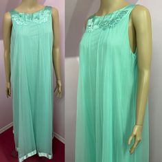 Vintage 60s Aqua Green Chiffon Sleeveless Nightgown With Satin - Etsy Sheer Sleeveless Nightgown For Party, Green Sleeveless Summer Nightgown, Sheer Summer Nightgown For Party, Summer Sheer Nightgown For Party, Vintage Sheer Nightgown For Summer, Sleeveless Summer Evening Nightgown, Sleeveless Nightgown, Women's Nightgowns, Sheer Chiffon