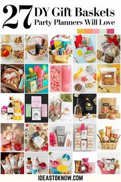 many different pictures with the words 27 diy gift baskets party planners will love