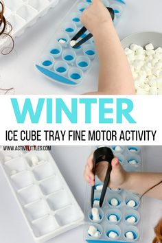 an ice cube tray is filled with white and blue foam balls, while someone uses scissors to cut them