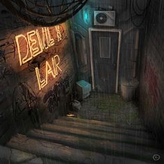 a dark hallway with graffiti on the walls and an illuminated sign that reads devil's lar